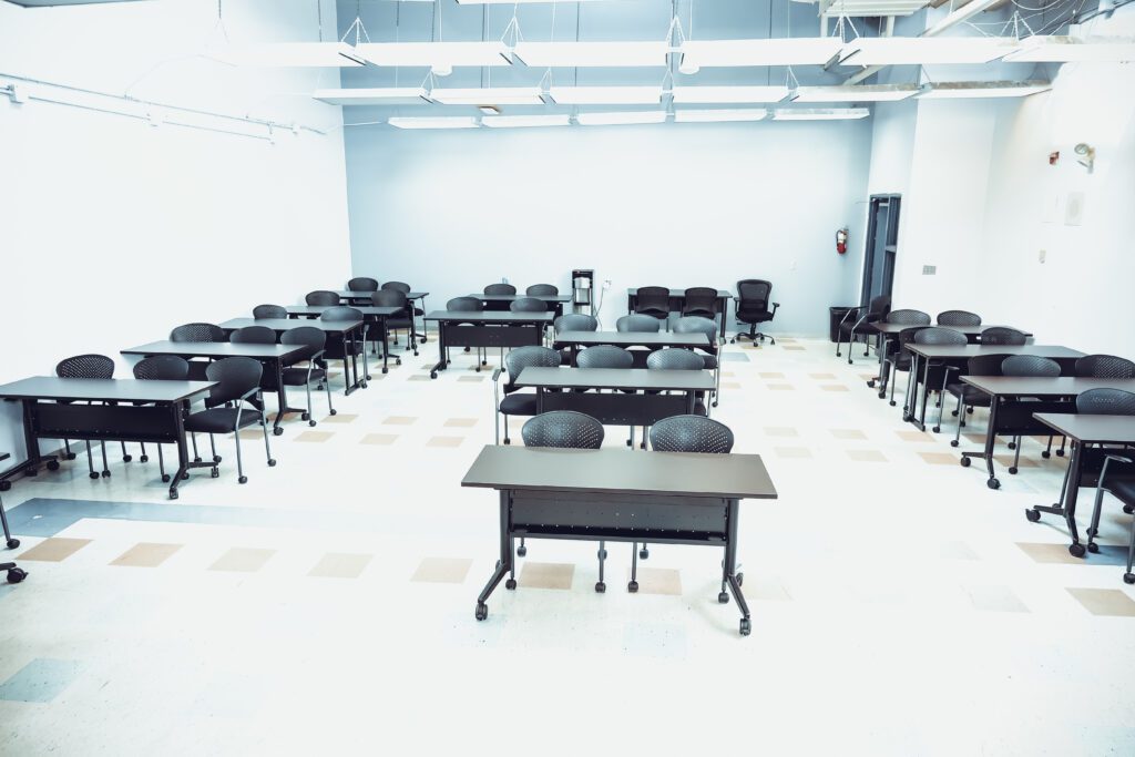 A classroom set up for lectures