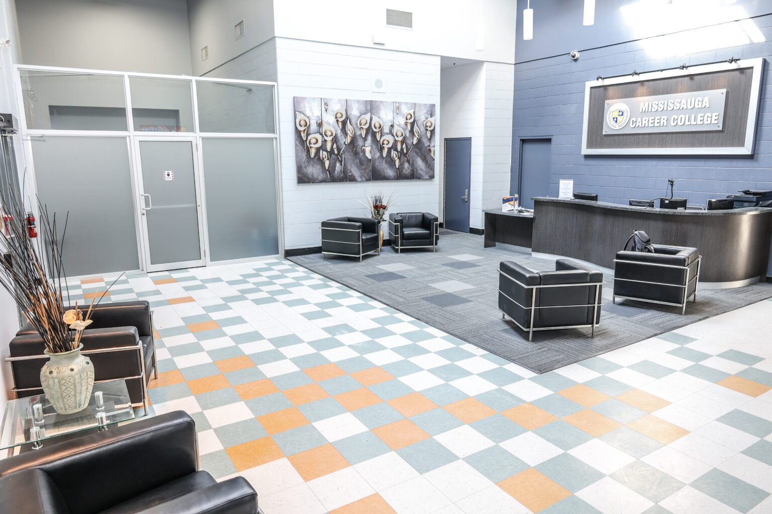 The bright front lobby and lounge at the Mississauga Career College campus