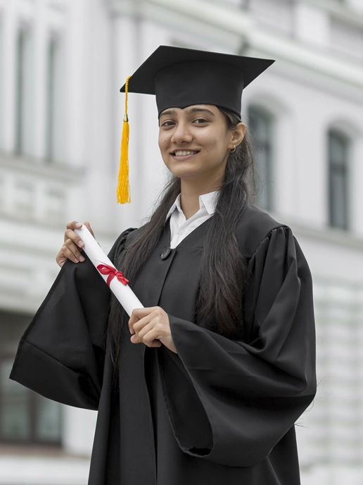 A graduate in cap and gown holding a diploma