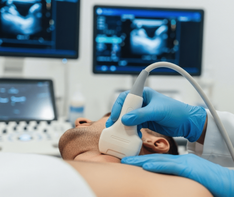 Close-up of an ultrasound probe in use, with the scan on screen