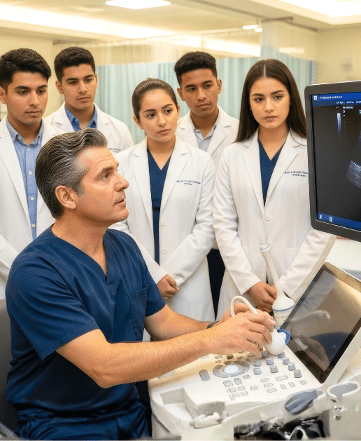 An instructor demonstrating an ultrasound scan to a group of students
